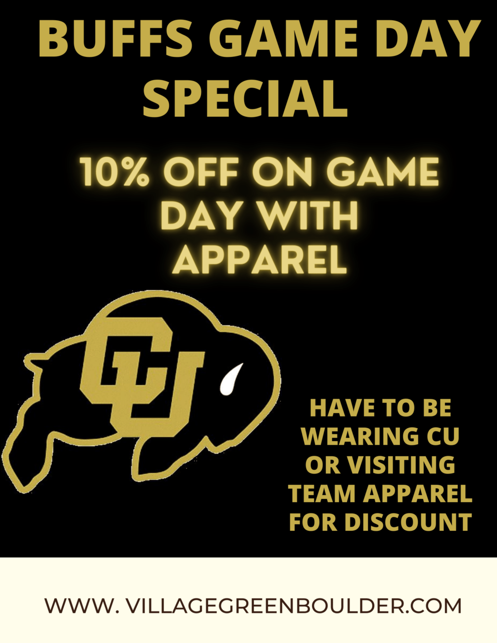Come in on a game day with CU or the visiting team's apparel and receive 10% off your entire purchase!